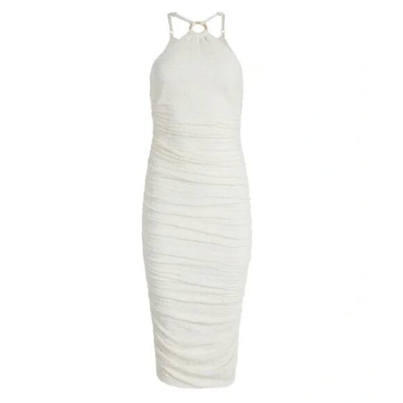 Likely CARMONA DRESS Bodycon Ruched Stretch Crepe Midi | Ivory, Sz 8 NEW - Picture 6 of 9